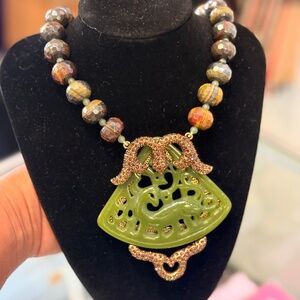 Heidi Daus Jade green Dragon Carved w Rhinestone Brown Glass Beads Necklace